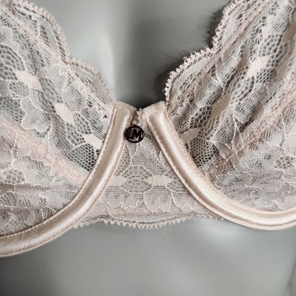 Le Mystere Peach Pink Deep V Lace Unpadded Sexy Bra Size 32 DDD/F - Picture 2 of 11